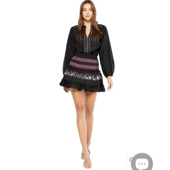 Misa Los Angeles Manuela Dress Long Sleeve Floral Embroidered Black Size Large - Picture 1 of 16